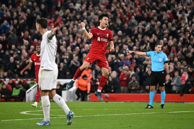 Wataru Endo celebrates scoring first Liverpool goal