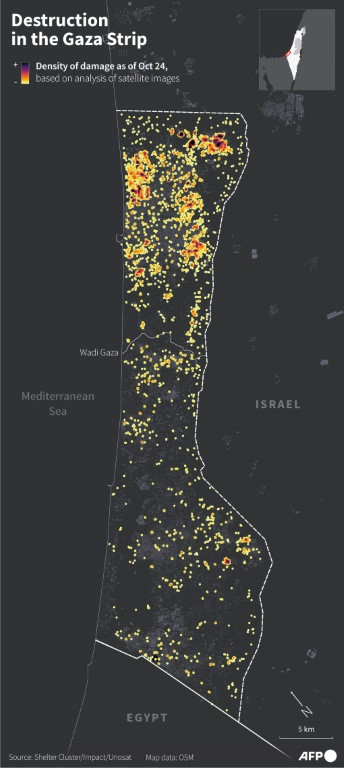 Map of Gaza Strip showing the density of damage as of October 24, based on analysis of satellite images.