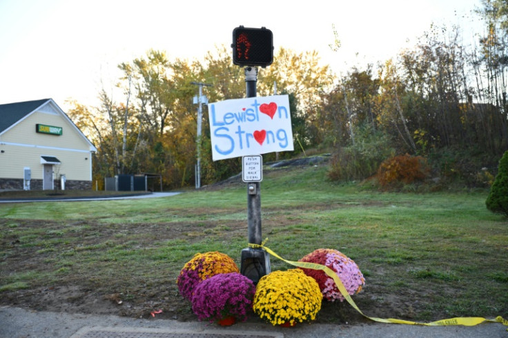 A sign reading "Lewiston Strong" is seen in Lewiston, Maine, after a mass shooting at a bowling alley and bar left 18 people dead