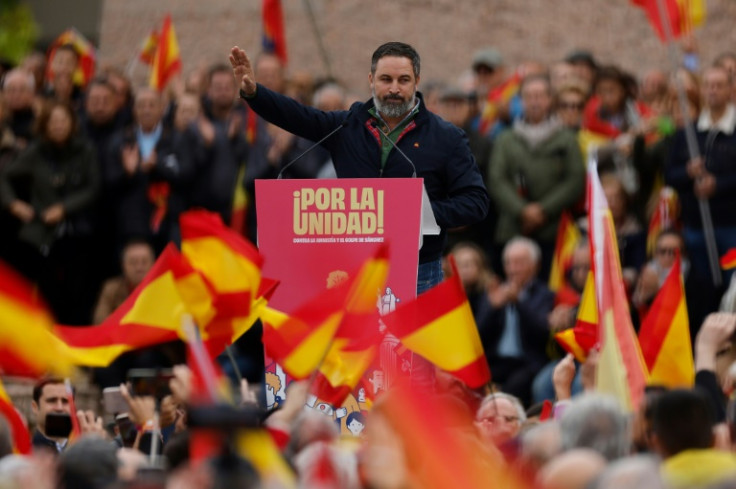 Spanish far-right Vox party leader Santiago Abascal delivers a speech during a demonstration in Madrid against plans to grant amnesty to Catalan separatists