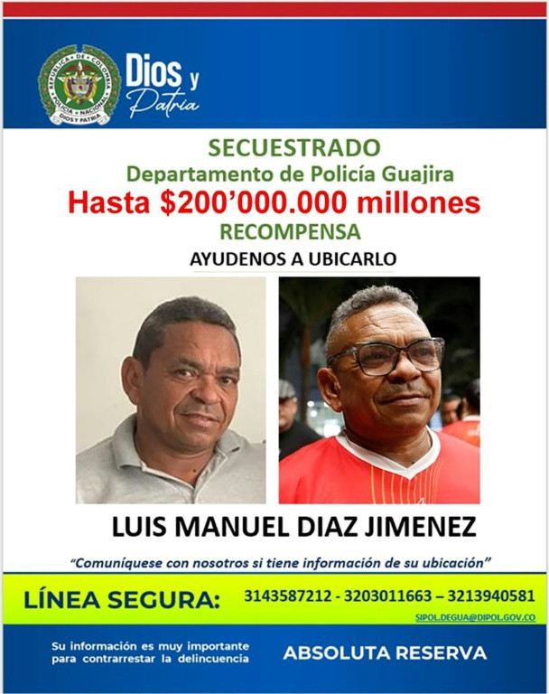 Police have offered a reward of up to about $48,000 for information on the whereabouts of Luis Manuel Diaz