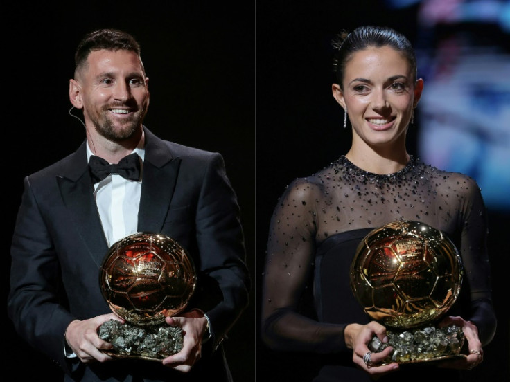 (COMBO) Lionel Messi and Aitana Bonmati with their trophies after winning the men's and women's Ballon d'Or awards on Monday