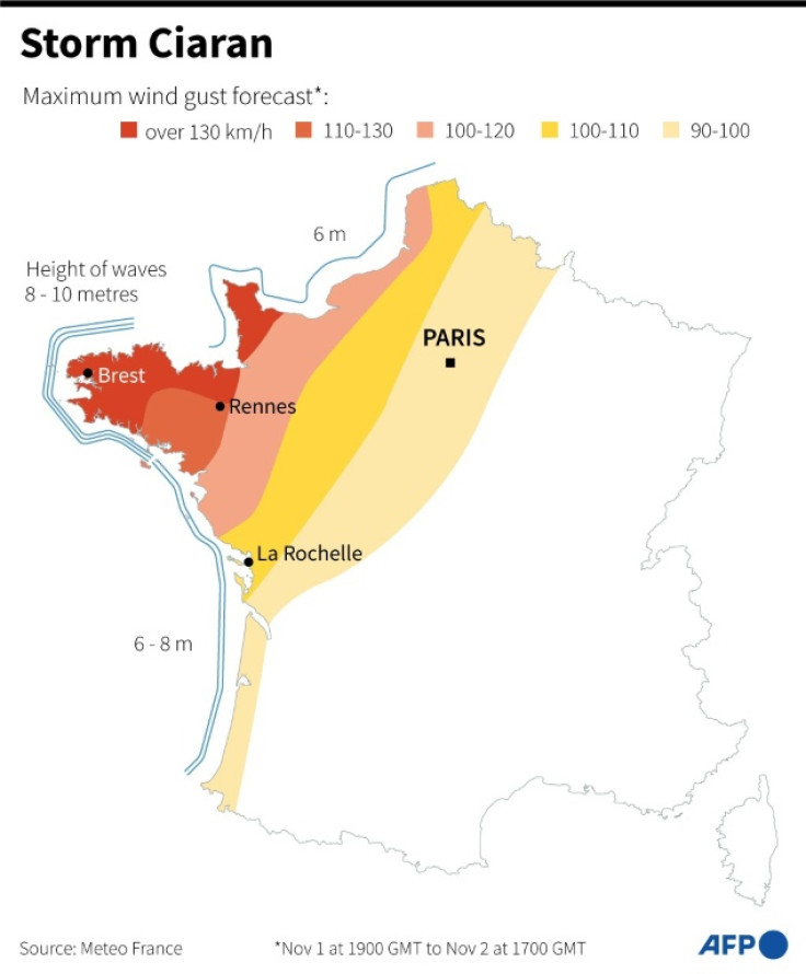 Map showing forecast wind gusts between November 1 (1900 GMT) and November 2 (1700 GMT), in western France, placed on high alert due to Storm Ciaran