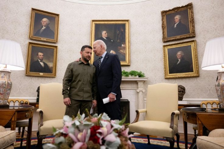 US President Joe Biden greets Ukrainian leader Volodymyr Zelensky in the Oval Office on September 21, 2023