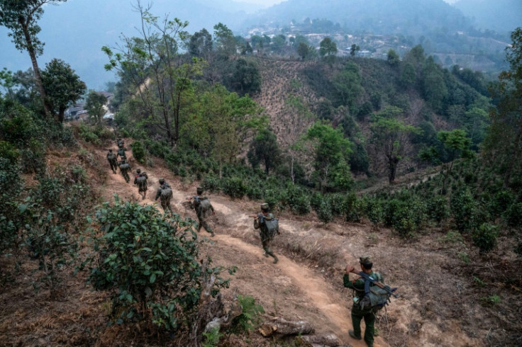Members of the Ta'ang National Liberation Army patrol in Shan state in March 2023