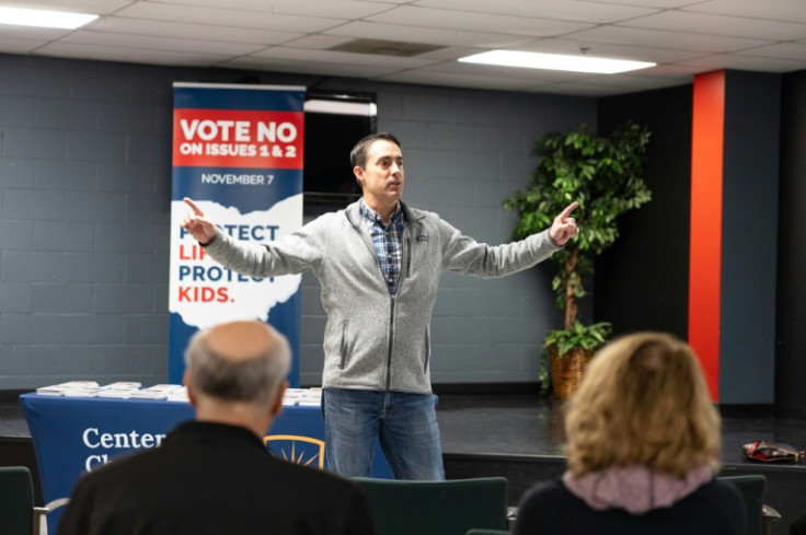 Ohio Secretary of State Frank LaRose speaks to anti-abortion canvassers. The Republican party has mobilized for a 'no' vote