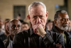 Israeli Cabinet Minister Benny Gantz attends a memorial for the 1,400 victims killed during the October 7 attack by Palestinian militants from the Gaza Strip