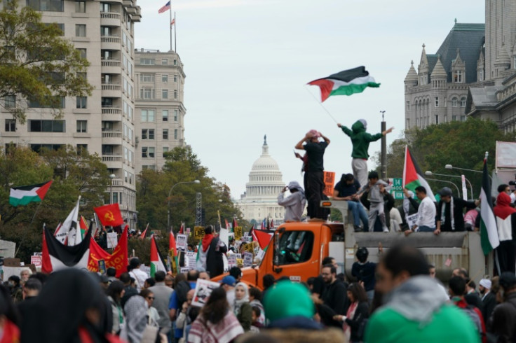 Demonstrators gather in Freedom Plaza during a rally in support of Palestinians in Washington, DC, on November 4, 2023