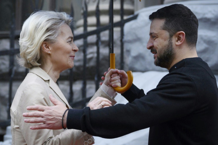 Ukraine's President Volodymyr Zelensky greets European Commission President Ursula von der Leyen in Kyiv on Saturday