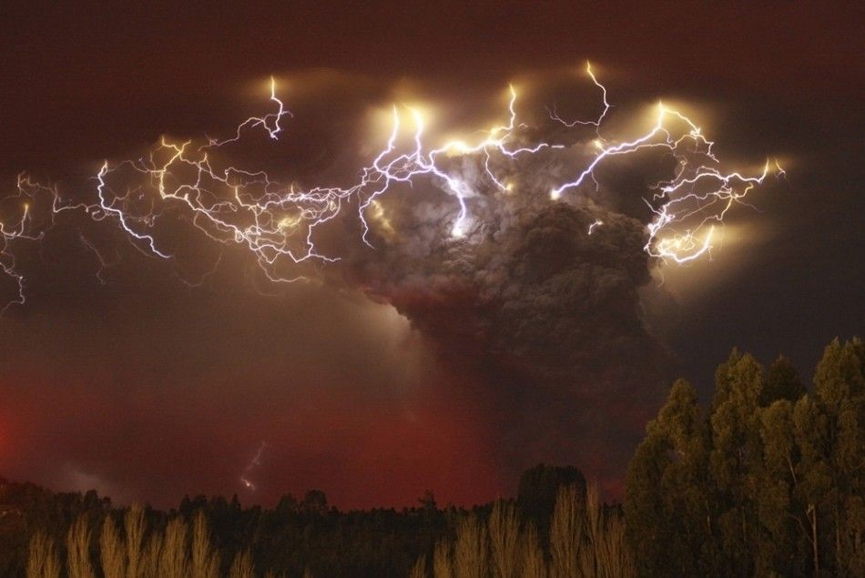 Lightning flashes around the ash plume at above the Puyehue-Cordon Caulle volcano chain