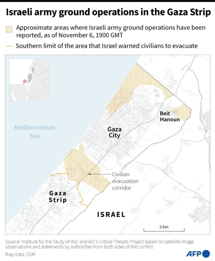 Map of the northern Gaza Strip, showing approximate areas where ground operations by the Israeli army have been reported, as of November 6, at 1900 GMT