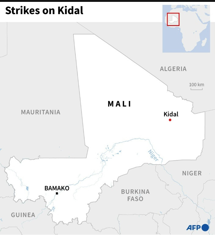Map of Mali locating Kidal where a number of people were killed by air strikes on Tuesday