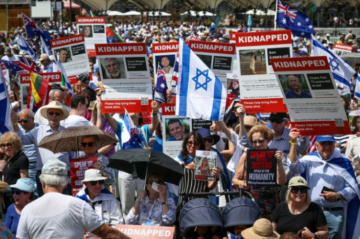 Australian Jewish community members rally in Sydney for hotages take in the Hamas attack on Israel