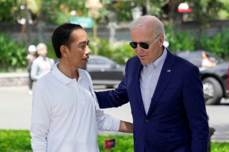 US President Joe Biden is seen with Indonesia's President Joko Widodo on the sidelines of the G20 summit on the Indonesian resort island of Bali in November 2022
