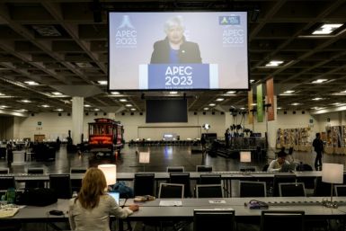 US Treasury Secretary Janet Yellen is seen on a screen as she speaks during a press conference in the Moscone Convention Center at the APEC summit in San Francisco