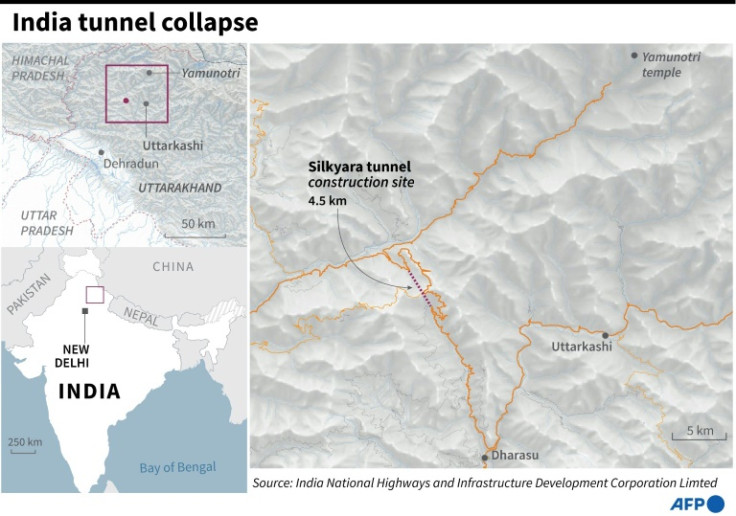 Local map of the Silkyara tunnel construction site in northern India's Uttarakhand state where 40 workers have been trapped since November 12.
