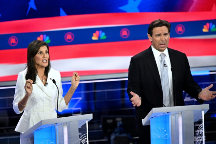 Republican primary candidates Nikki Haley and Ron DeSantis, picured at the third debate on November 8, 2023, have had their footwear come up in the campaign