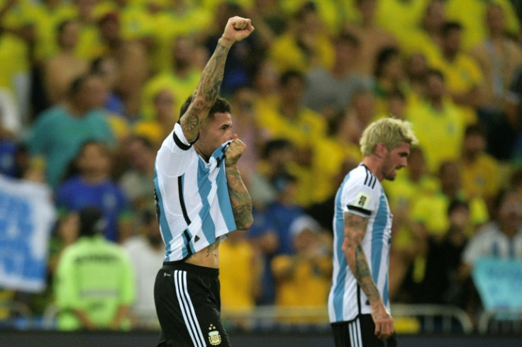Argentina defender Nicolas Otamendi salutes the crowd after his winning goal in a 1-0 World Cup qualifying victory over Brazil