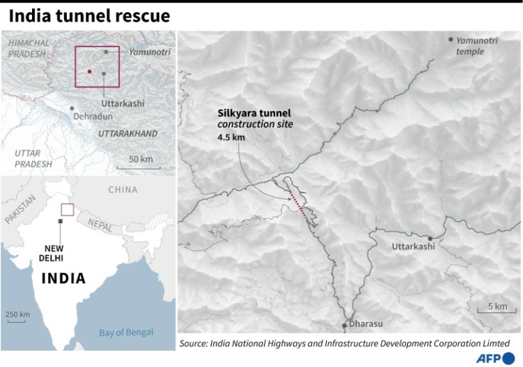 Map of the Silkyara tunnel construction site in northern India's Uttarakhand state where 41 workers have been trapped since November 12