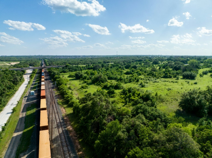 An aerial view of a freight train in the US state of Texas in April