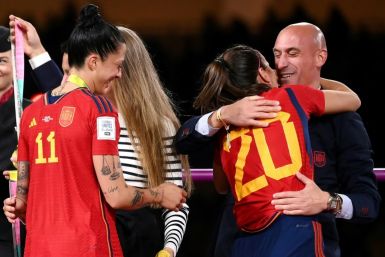 -- AFP PICTURES OF THE YEAR 2023 --Spain's defender #20 Rocio Galvez is congratuled by President of the Royal Spanish Football Federation Luis Rubiales (R) next to Spain's Jennifer Hermoso after winning the Australia and New Zealand 2023 Women's World C