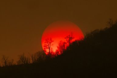 The sun sets behind a burned forest near Mariposa, California