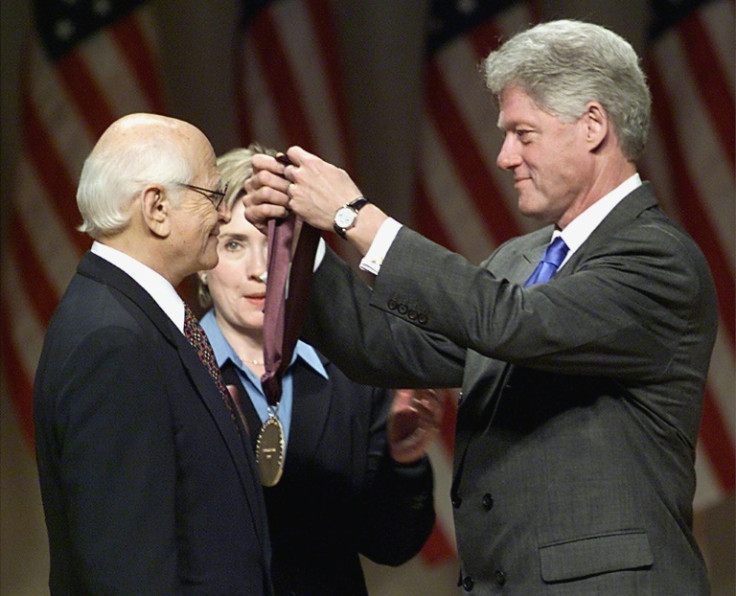 Among his many awards and recognitions, Norman Lear (L) was presented with the National Medal of Arts and Humanities in 1999 by US President Bill Clinton