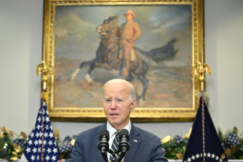 US President Joe Biden delivers remarks urging Congress to pass his national security supplement request, which includes funding to support Ukraine, in the Roosevelt Room of the White House
