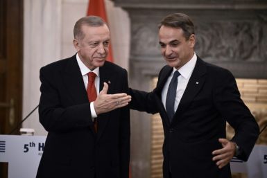 President Recep Tayyip Erdogan, left, and Greek Prime Minister Kyriakos Mitsotakis during the Turkish president's first Athens trip since 2017