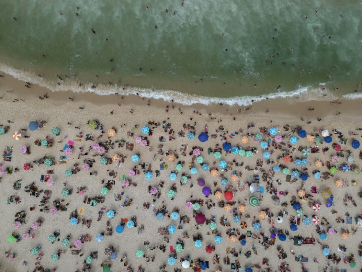 Aerial view of people sunbathing at Copacabana beach in Rio de Janeiro