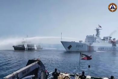 Footage from the Philippine Coast Guard shows a Chinese Coast Guard ship using a water cannon on a Philippine vessel near Scarborough Shoal