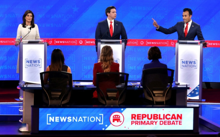 Republican presidential hopeful Vivek Ramaswamy (R) clashed with  former UN Ambassador Nikki Haley (L) and Florida Governor Ron DeSantis (C) at the Republican primary debate in Tuscaloosa, Alabama