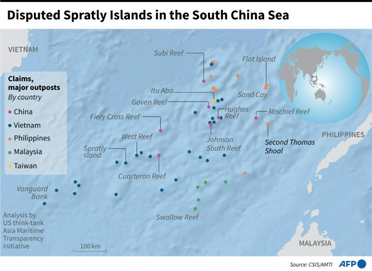 Map showing claims and major outposts on the disputed Spratly Islands.