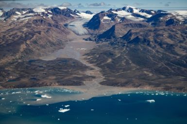 This aerial photograph taken on August 11, 2023, shows a glacier around "Constable Point" severely melted due to warm temperatures along the Scoresby Sound Fjord, in Eastern Greenland