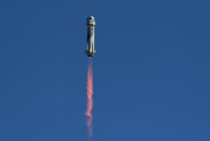 A Blue Origin rocket takes off in Texas in March 2022