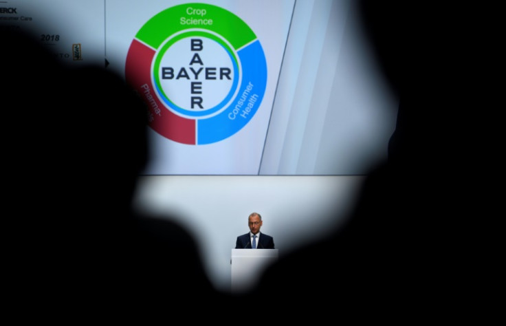 The logo of German chemicals giant Bayer, which owns Monsanto, seen at its general meeting in Bonn, Germany in 2019