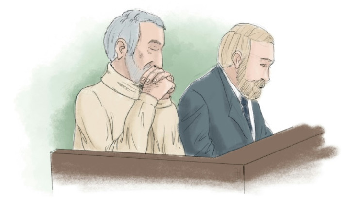 A courtroom sketch from shows Hamid Noury (l) and attorney Thomas Soderqvist during Noury's original war crime trial in Stockholm