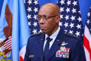Top US military officer General Charles "CQ" Brown is pictured during a press conference at NATO headquarters in Brussels on October 11, 2023