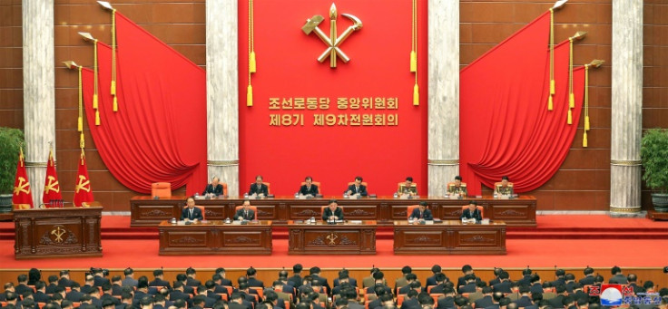 North Korean leader Kim Jong Un (C) opened the 9th Plenary Meeting of the Workers' Party of Korea in Pyongyang.