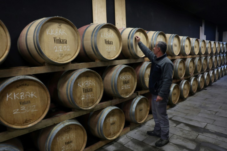 Wine matures in barrels at the Vinkara winery in Kalecik, central Turkey