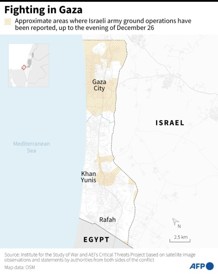 Mapa do norte da Faixa de Gaza com zonas aproximadas onde foram relatadas operações terrestres do exército israelense, até a noite de 26 de dezembro