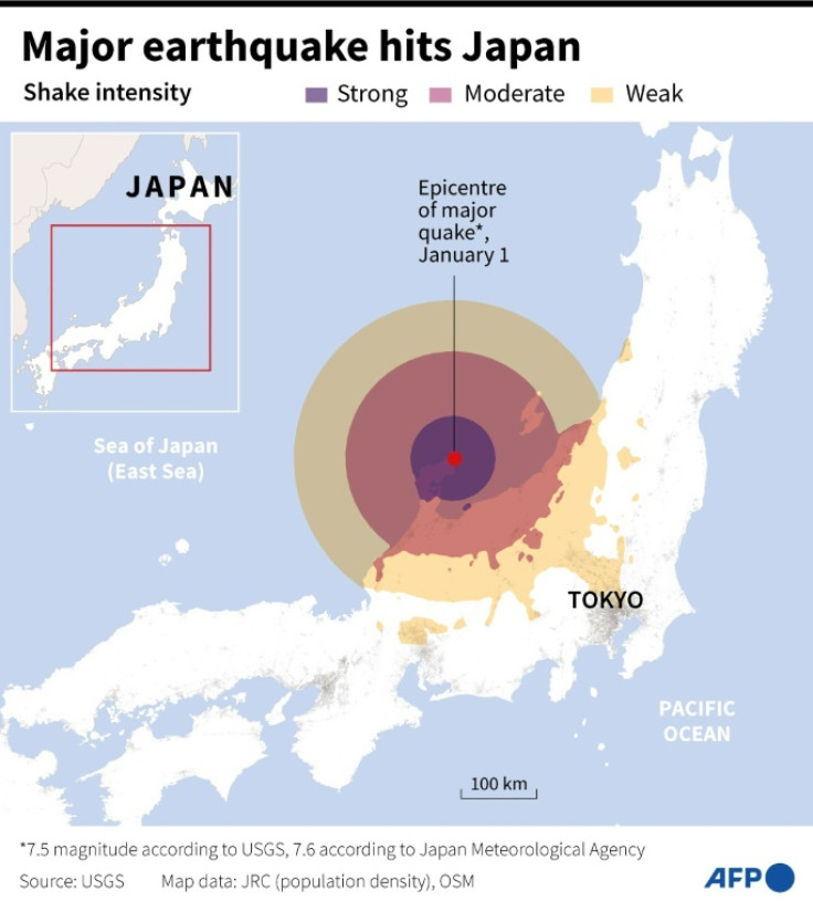 Map showing the epicentre and intensity of a major earthquake that hit Japan on January 1, 2024
