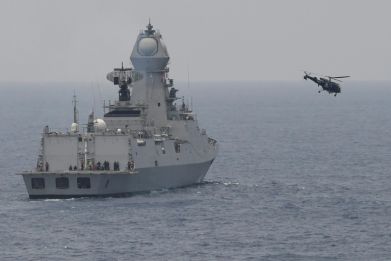 Indian warship INS Chennai seen in March 2022 off the coast of Goa