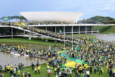Supporters of Brazilian former President Jair Bolsonaro demonstrate at the Esplanada dos Ministerios in Brasilia on January 8, 2023