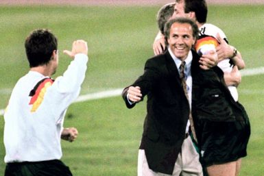 Franz Beckenbauer celebrates leading West Germany to World Cup glory in 1990 as coach