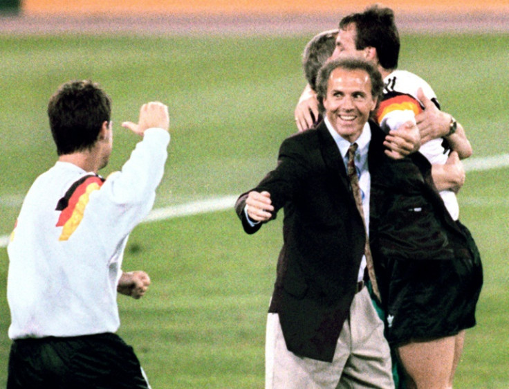 Franz Beckenbauer celebrates leading West Germany to World Cup glory in 1990 as coach