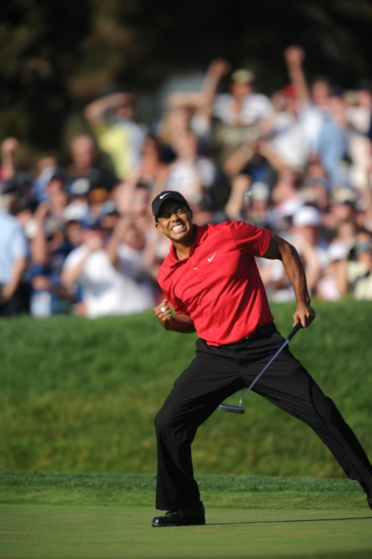 Tiger Woods celebrates his birdie putt at the 2008 US Open to force forcing a playoff with compatriot Rocco Mediate at Torrey Pines