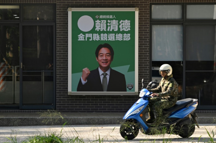 A poster of Taiwan 2024 presidential candidate Lai Ching-te of the ruling Democratic Progressive Party hangs  outside the DPP party branch in Kinmen