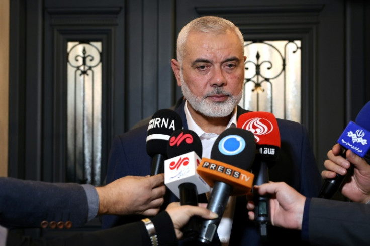Qatar-based Hamas leader Ismail Haniyeh speaking in Doha in a file picture from December 20, 2023