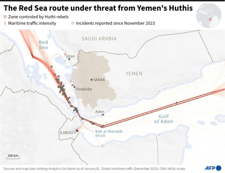 Map of the Red Sea and Gulf of Aden, showing the intensity of maritime traffic in December and the various incidents reported since November 2023 in this region